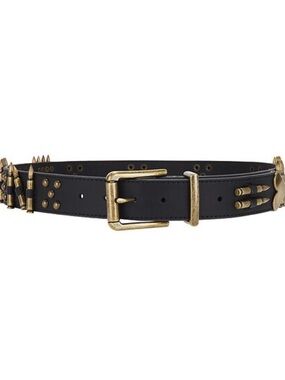 Black Leather Bullet-Accent Belt with Antiqued Brass Buckle
